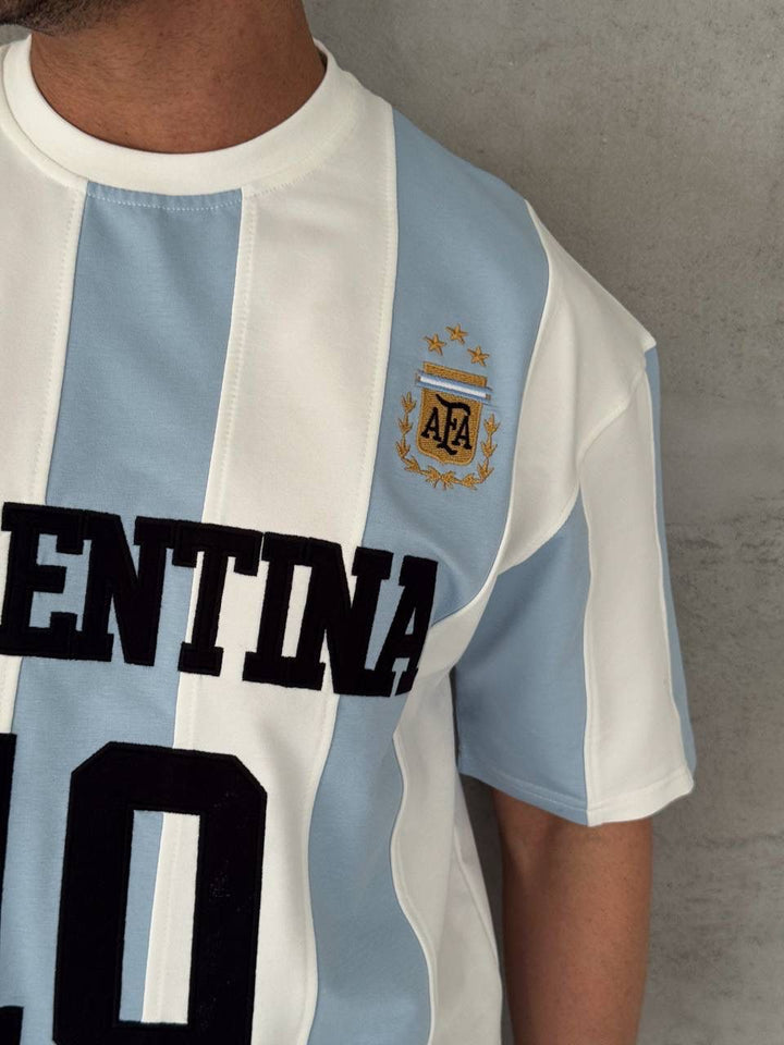 Argentina 10 Oversized Striped Jersey Tee – Sky Blue/White