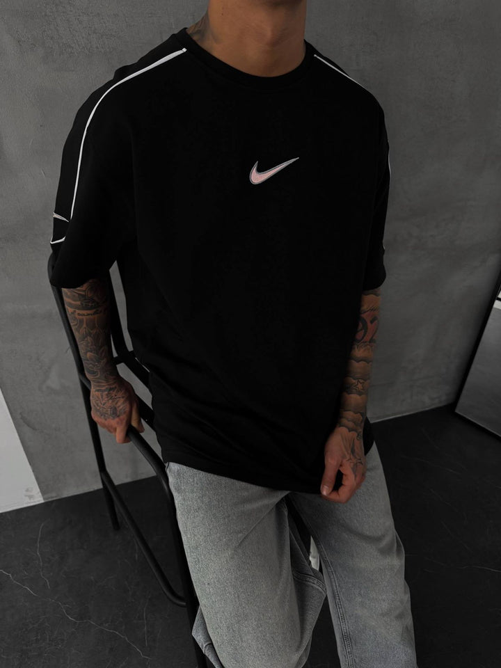 Men’s  Oversized Black T-Shirt with White Piping