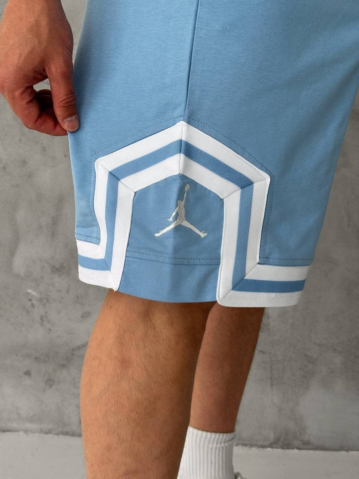 Sky Blue Basketball Shorts – White Geometric Trim
