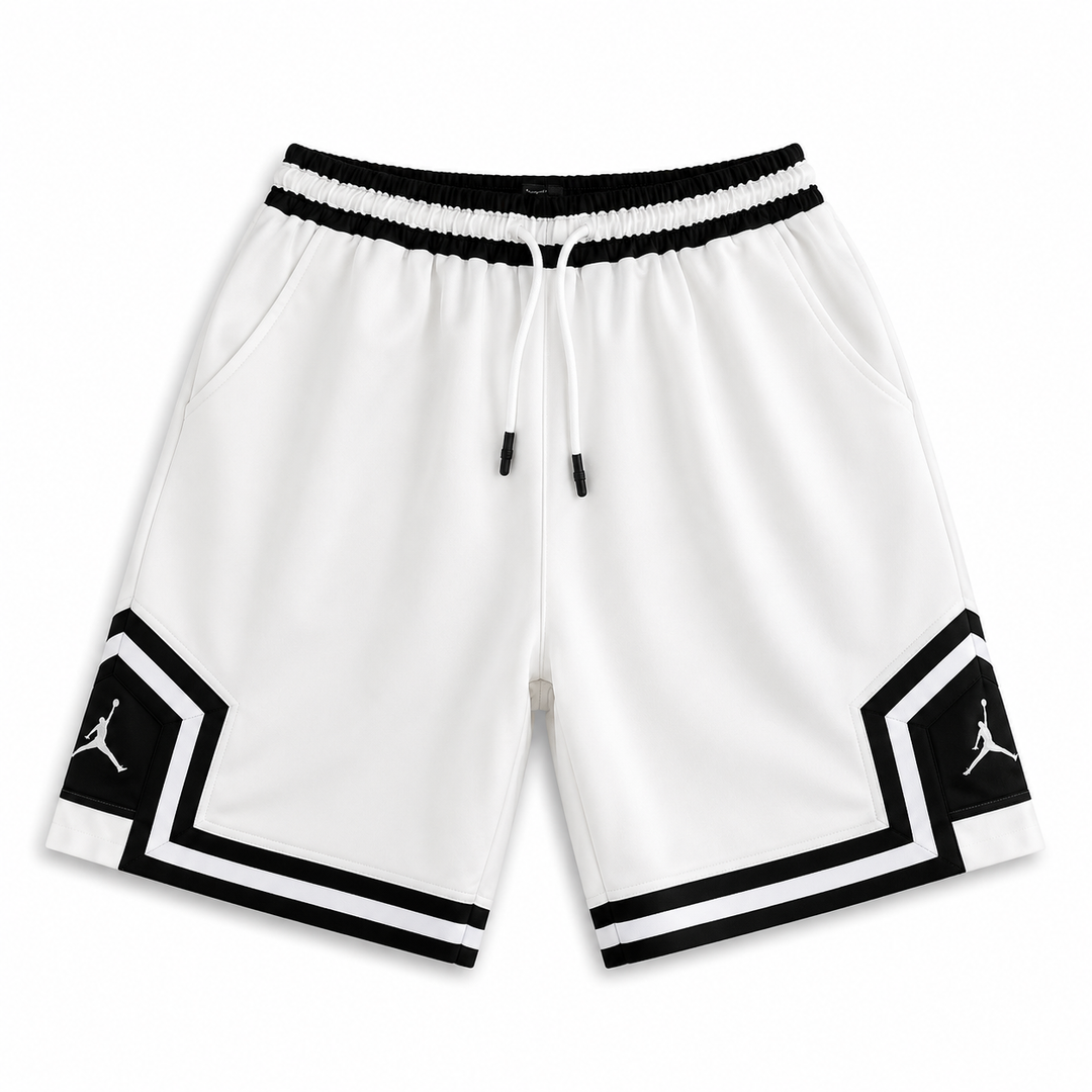 White Basketball Shorts – Black Geometric Trim