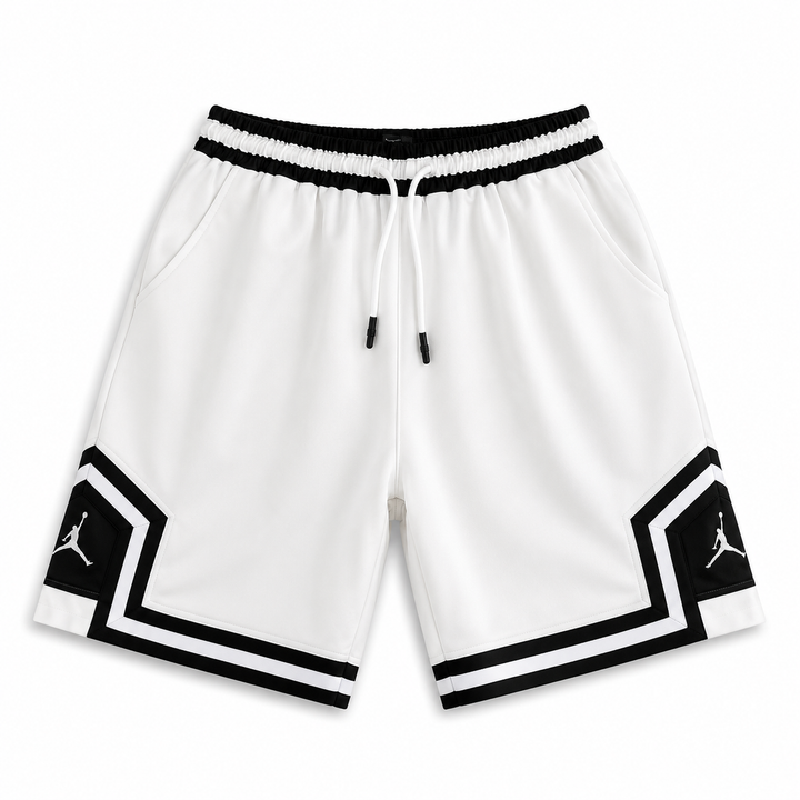 White Basketball Shorts – Black Geometric Trim