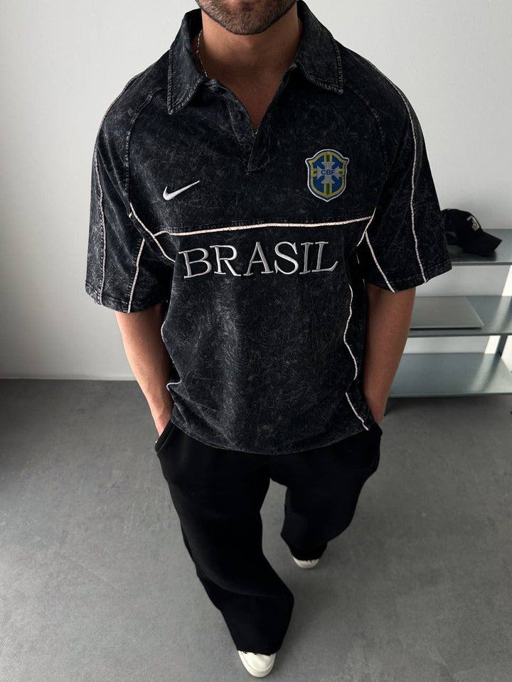 Brazil Acid Wash Polo Jersey Shirt – Black