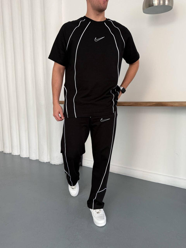 Men’s Black Contrast Piping T-Shirt &amp; Track Pants Set