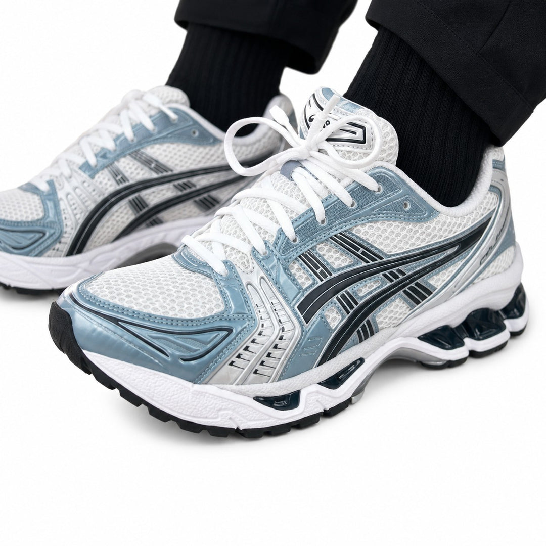 ASICS GEL-KAYANO 14 White Blue on foot