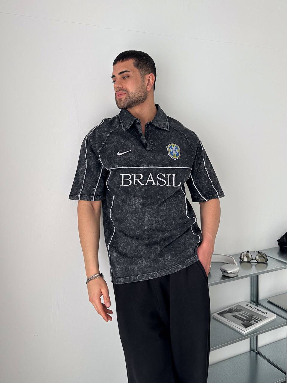 Brazil Acid Wash Polo Jersey Shirt – Black