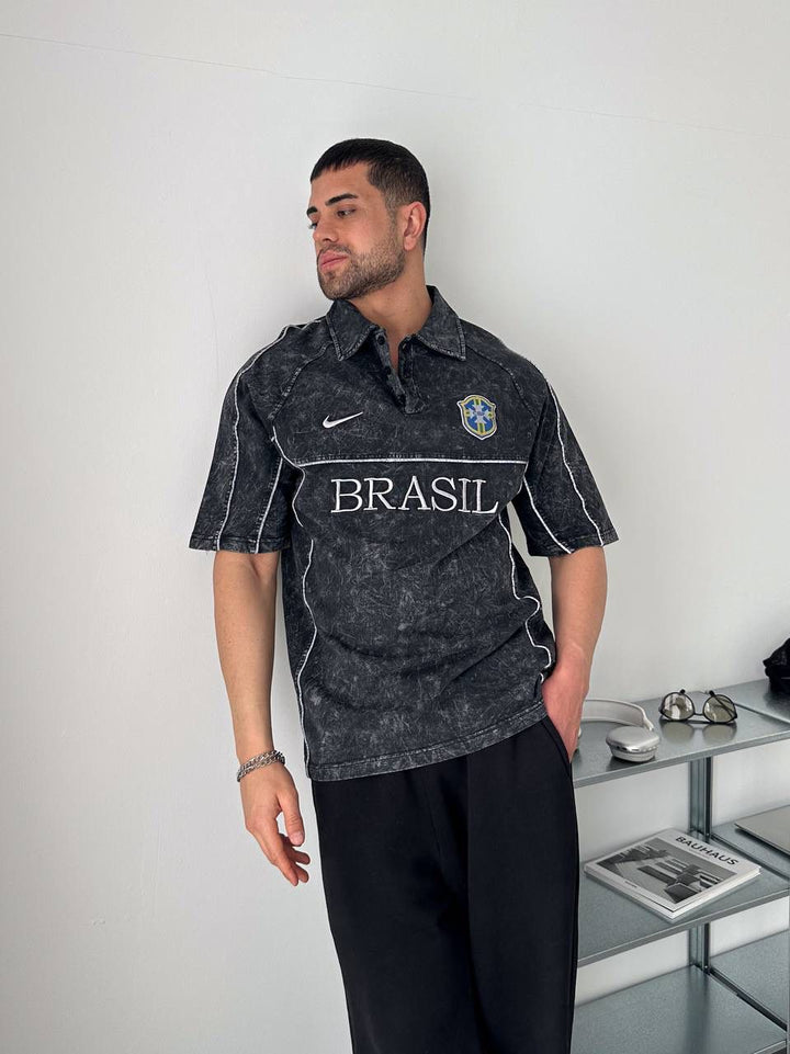 Brazil Acid Wash Polo Jersey Shirt – Black