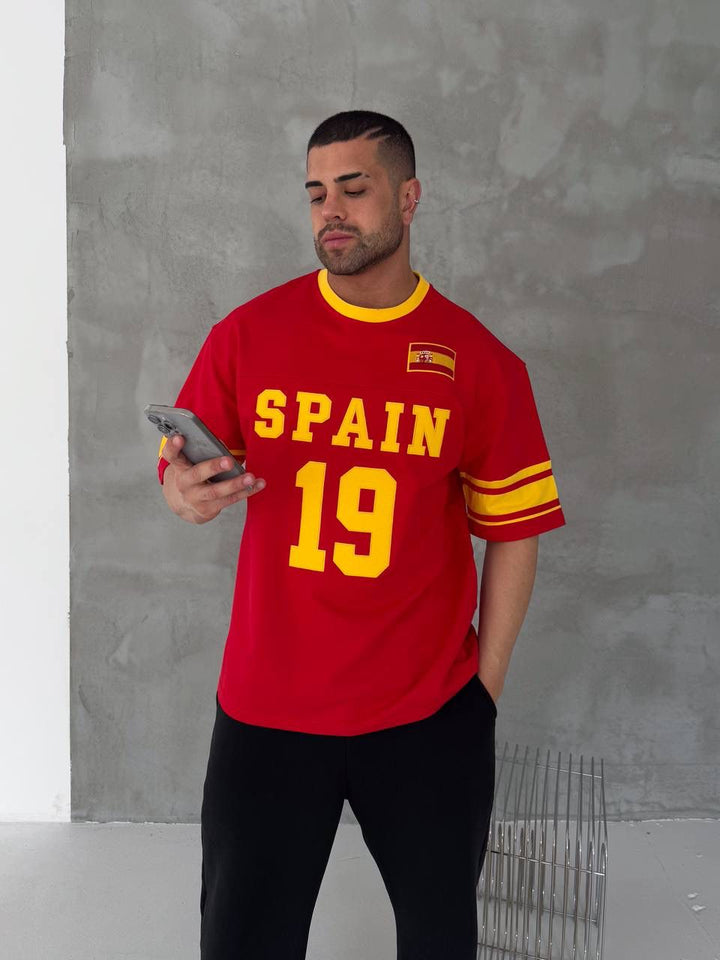 Spain-Inspired 19 Oversized Jersey Tee – Red/Yellow
