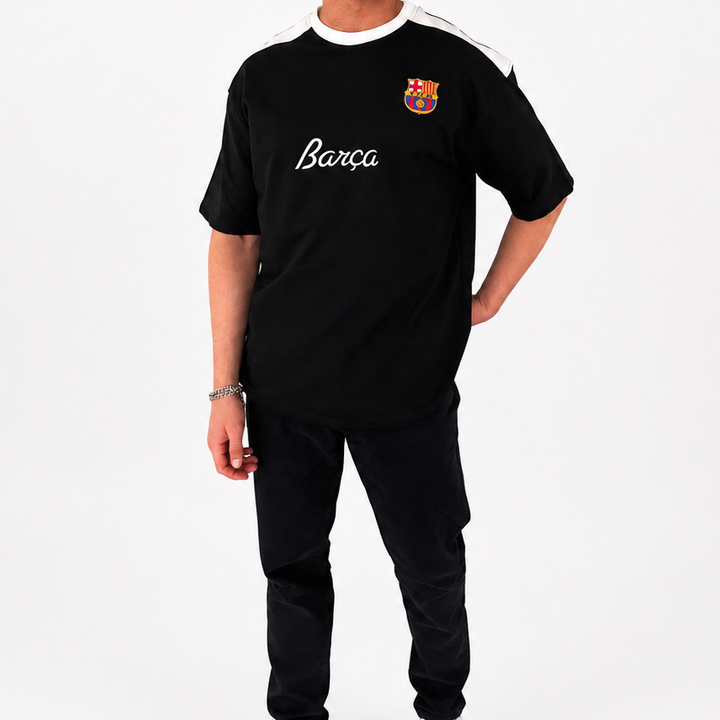 BRC-Unisex Black Oversized Football Jersey T-Shirt with White Shoulder Panels