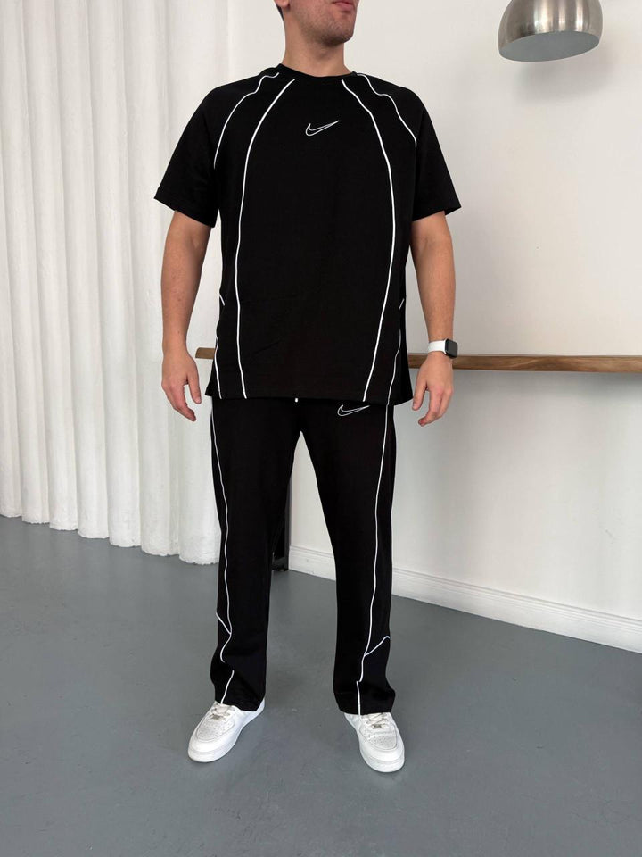 Men’s Black Contrast Piping T-Shirt &amp; Track Pants Set