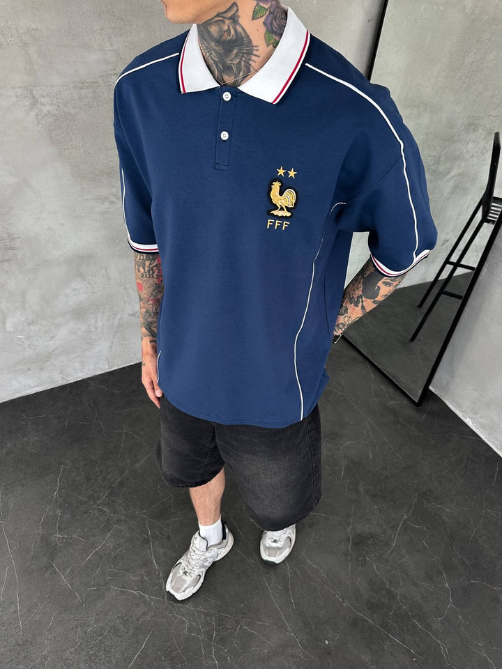 Men’s France-Inspired Retro Football Polo Shirt – Navy Blue