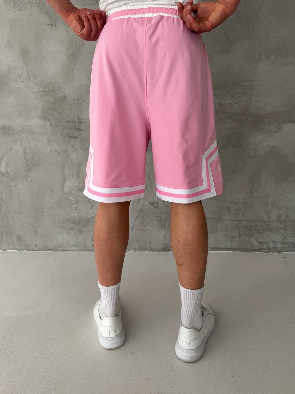 Pink Basketball Shorts – White Geometric Trim