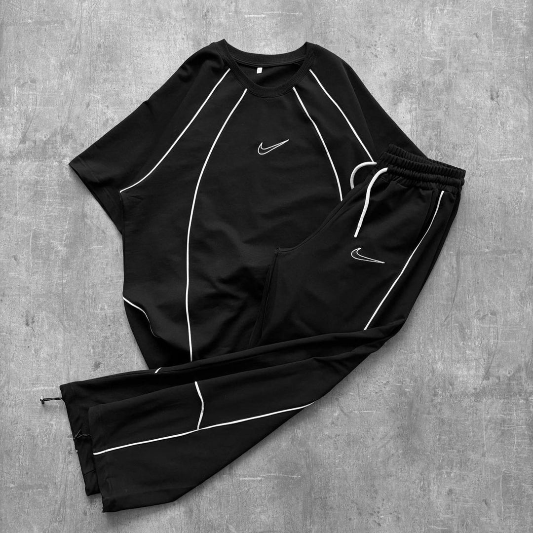 Men’s Black Contrast Piping T-Shirt &amp; Track Pants Set