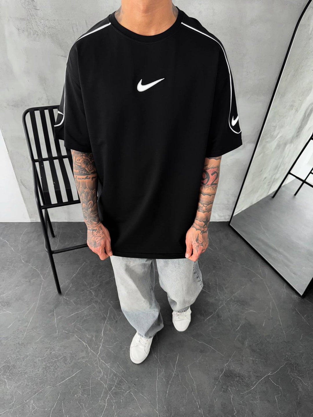 Men’s  Oversized Black T-Shirt with White Piping