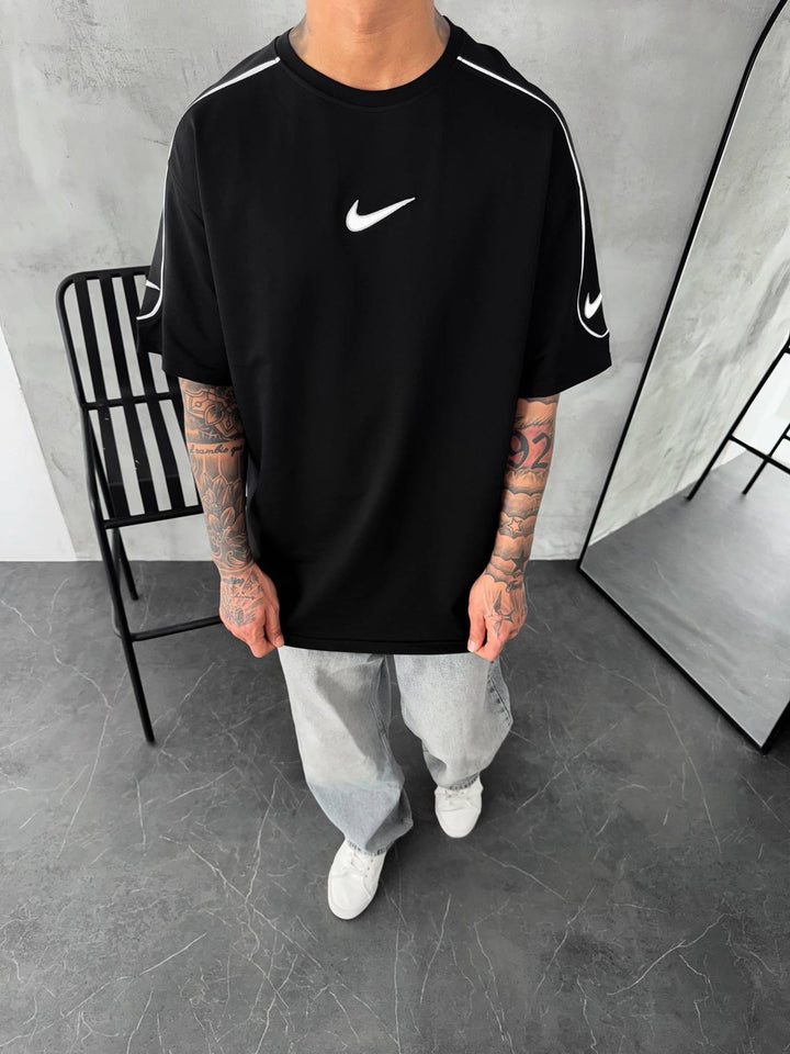 Men’s  Oversized Black T-Shirt with White Piping