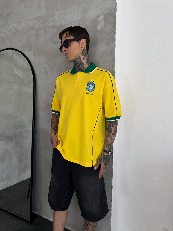 Men’s Brazil-Inspired Retro Football Polo Shirt – Yellow/Green