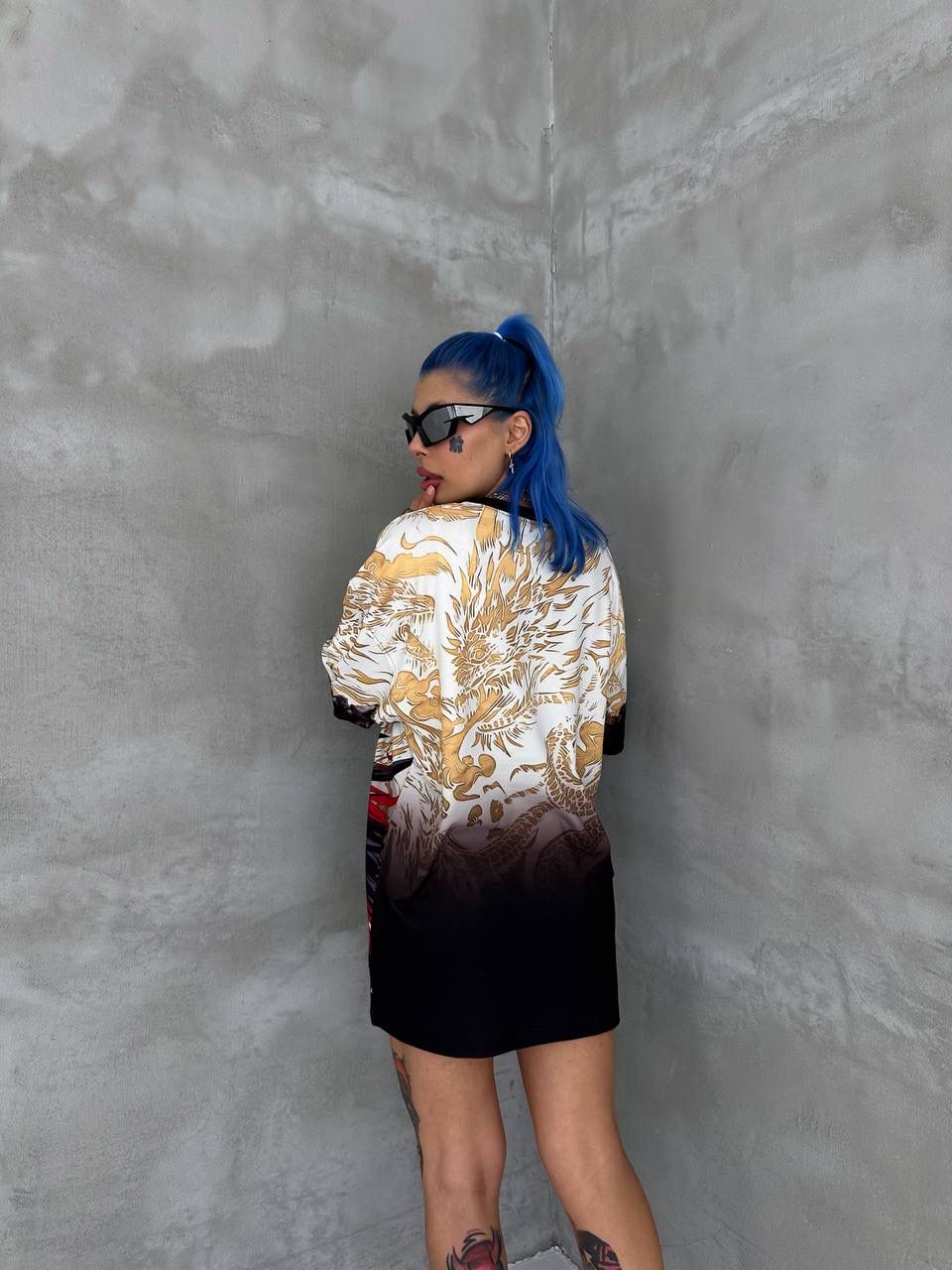 RM-Inspired Dragon Graphic Oversized Jersey Tee – White/Gold