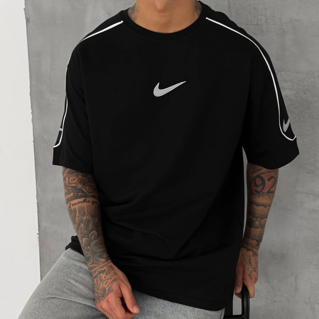 Men’s  Oversized Black T-Shirt with White Piping