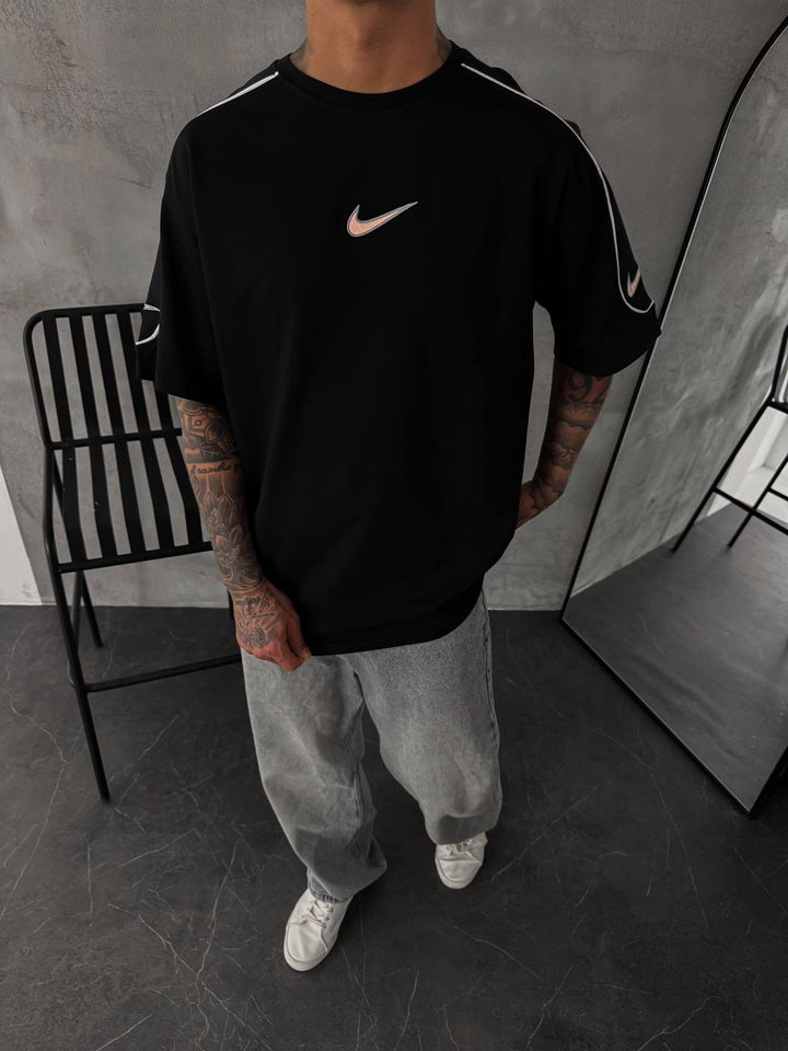 Men’s  Oversized Black T-Shirt with White Piping