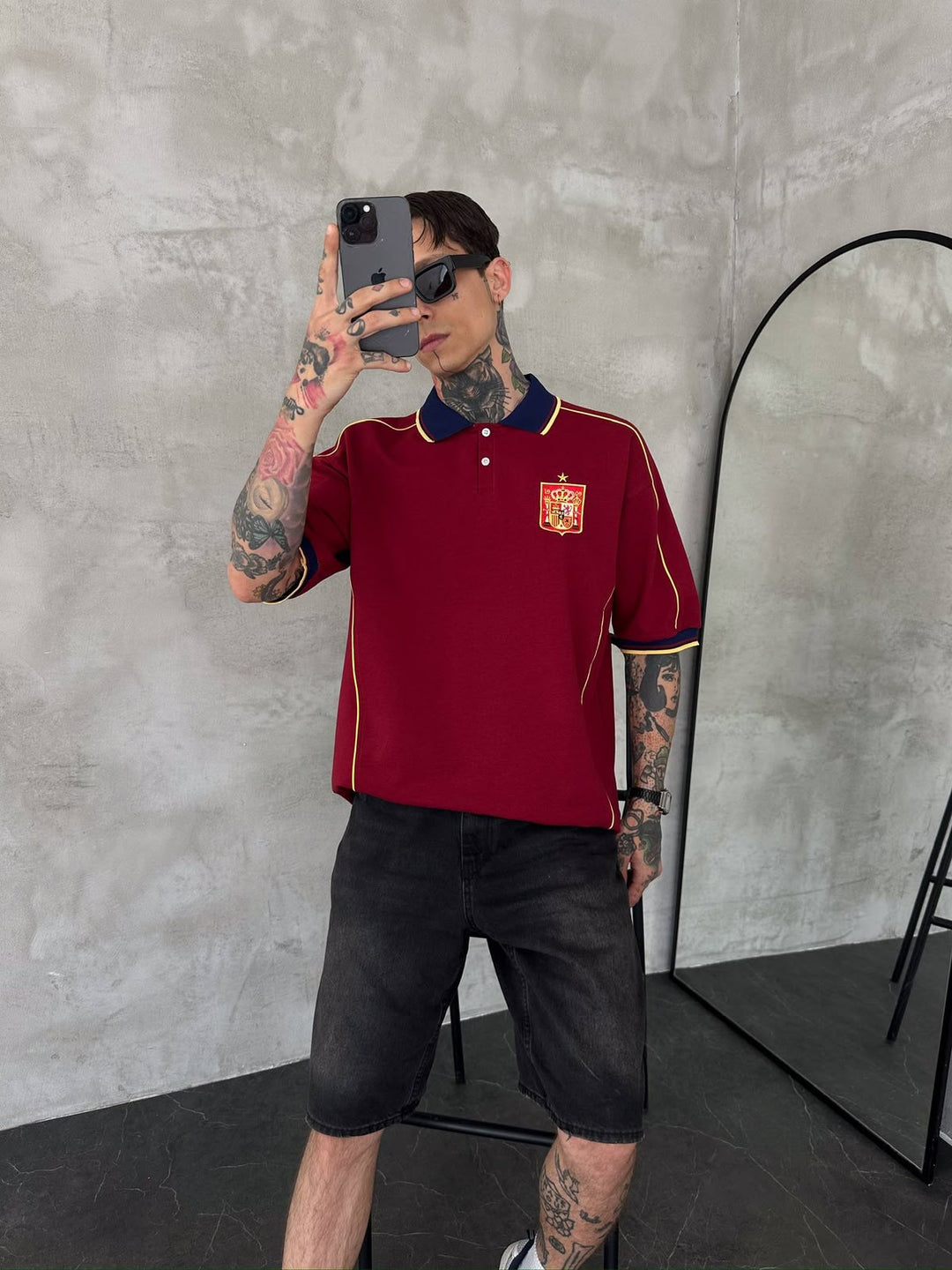 Men’s Spain-Inspired Retro Football Polo Shirt – Burgundy/Navy