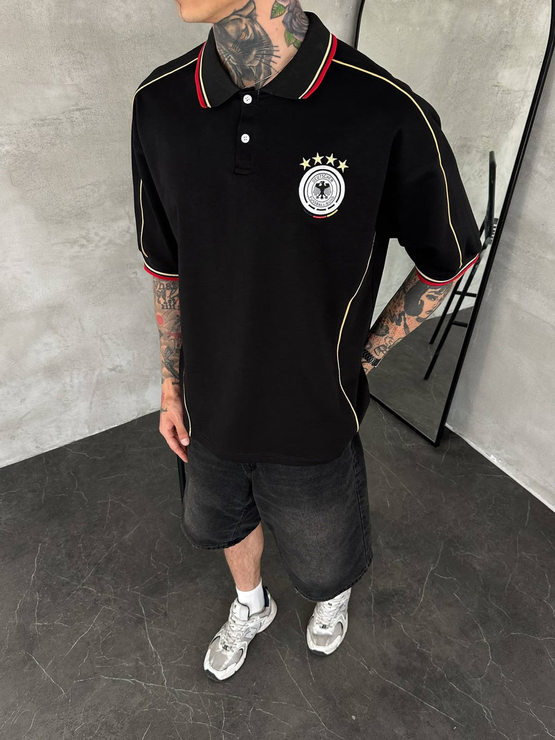 Men’s Germany-Inspired Retro Football Polo Shirt – Black/Gold