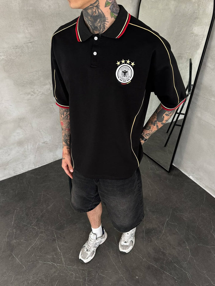 Men’s Germany-Inspired Retro Football Polo Shirt – Black/Gold