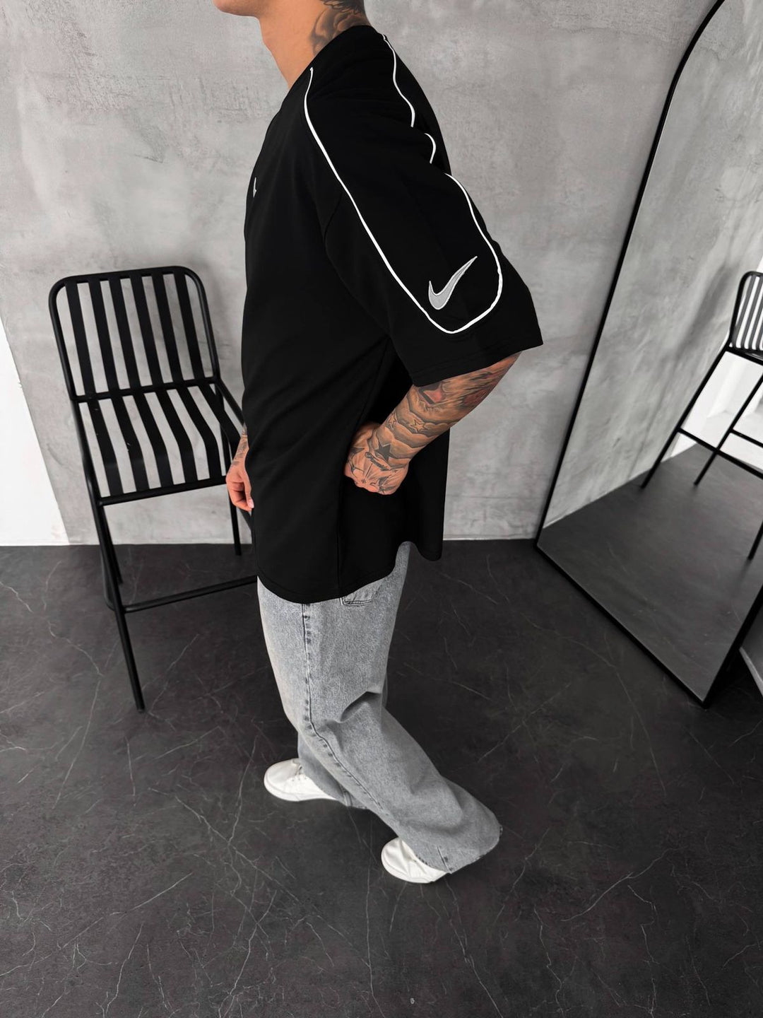 Men’s  Oversized Black T-Shirt with White Piping