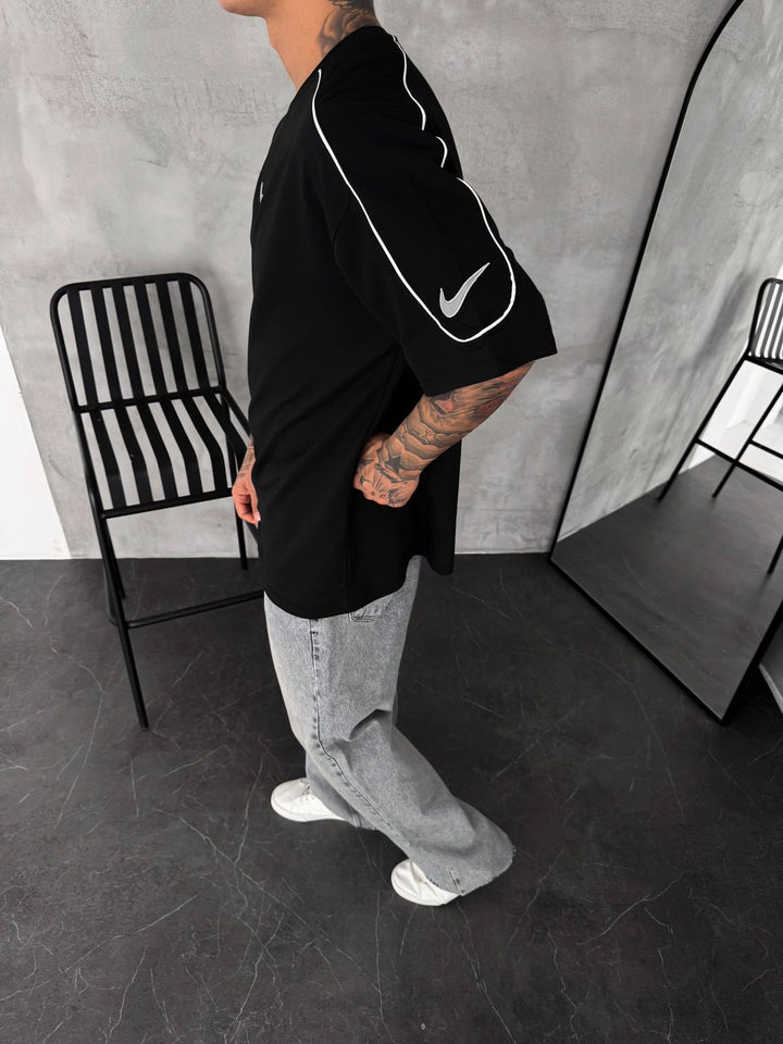 Men’s  Oversized Black T-Shirt with White Piping