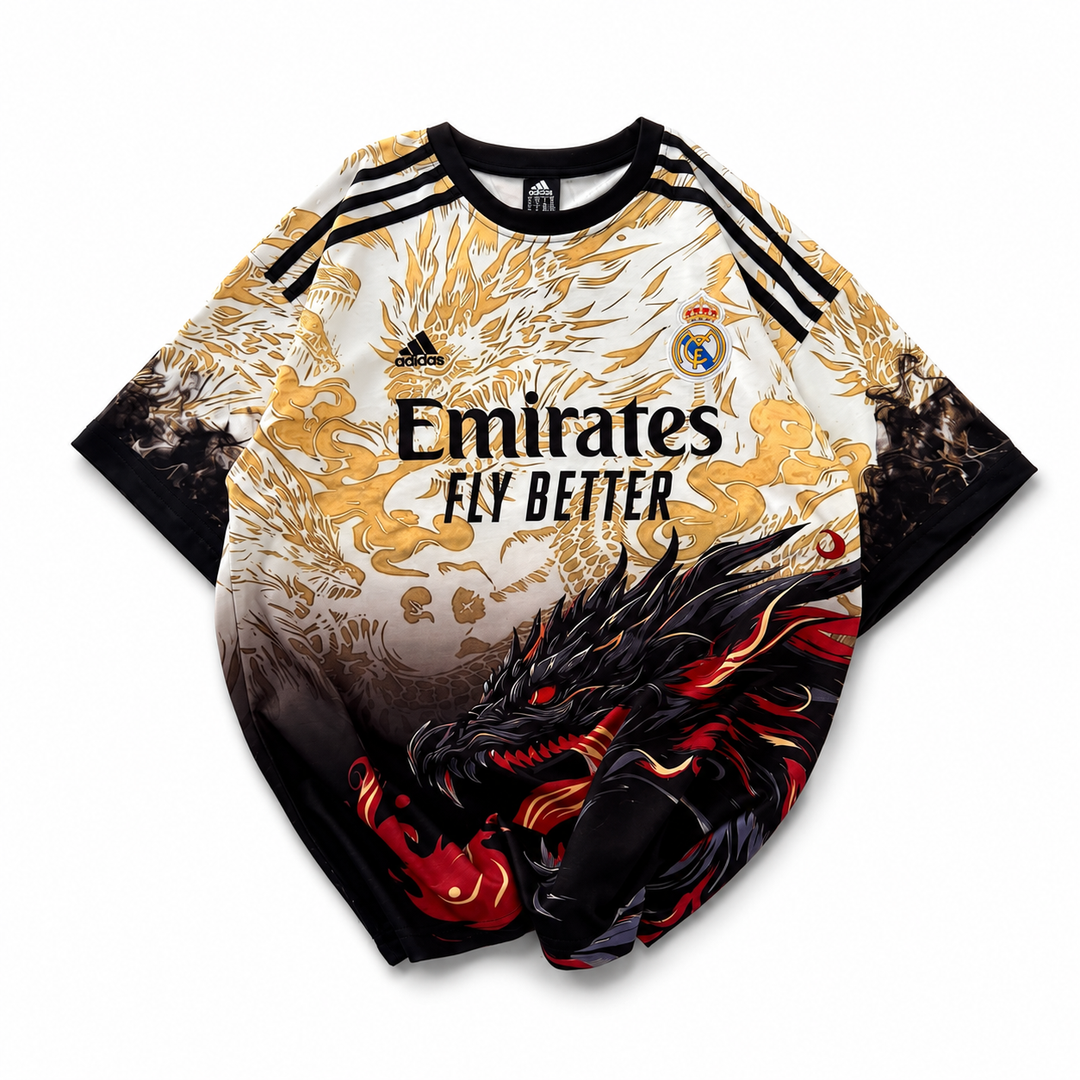 RM-Inspired Dragon Graphic Oversized Jersey Tee – White/Gold