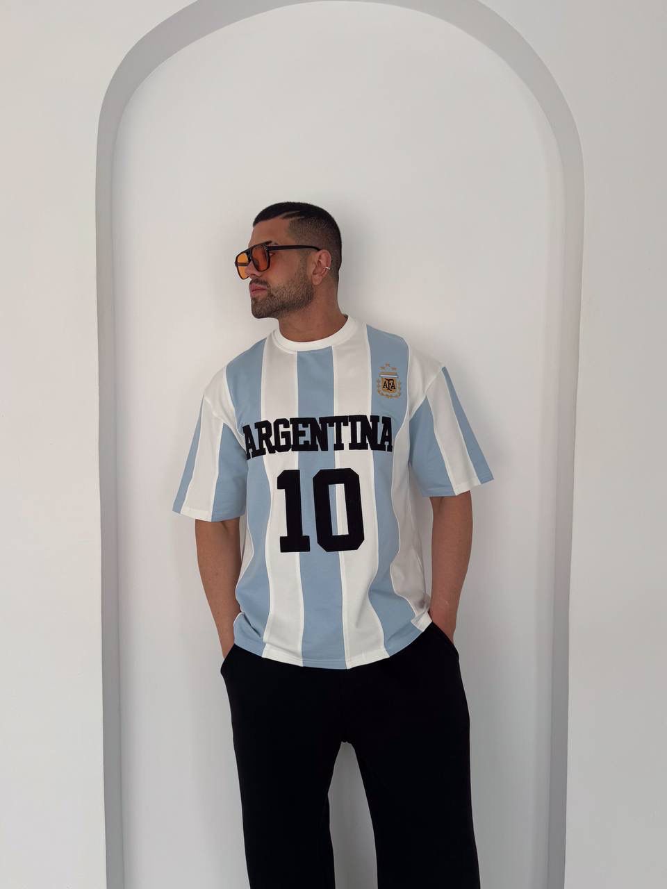 Argentina 10 Oversized Striped Jersey Tee – Sky Blue/White