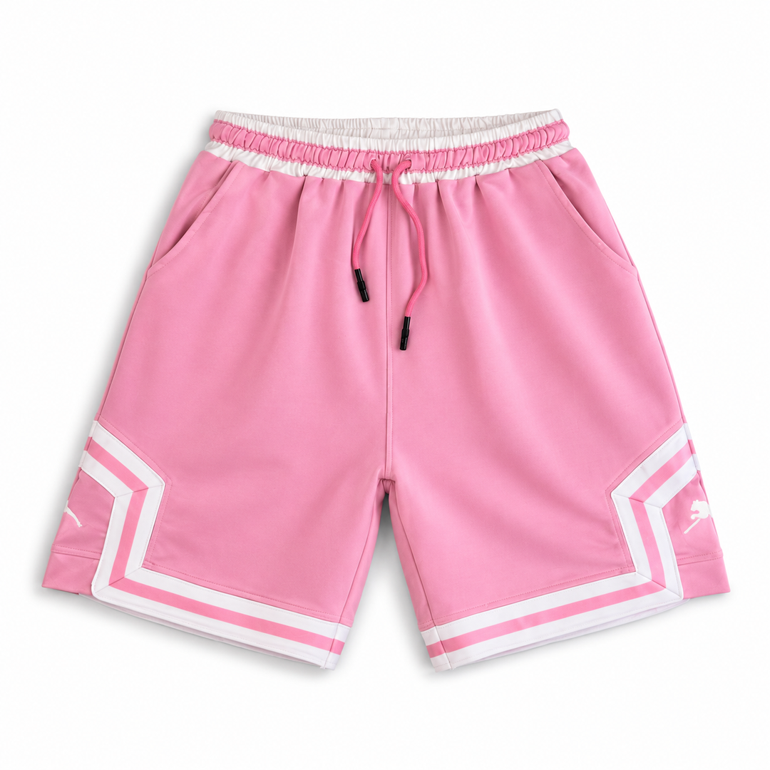 Pink Basketball Shorts – White Geometric Trim