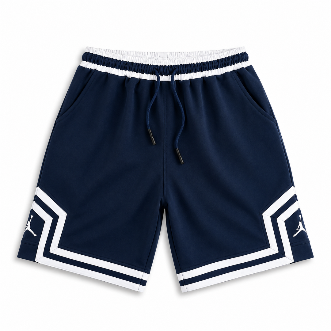 Navy Basketball Shorts – White Geometric Trim