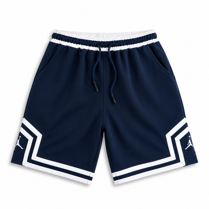 Navy Basketball Shorts – White Geometric Trim