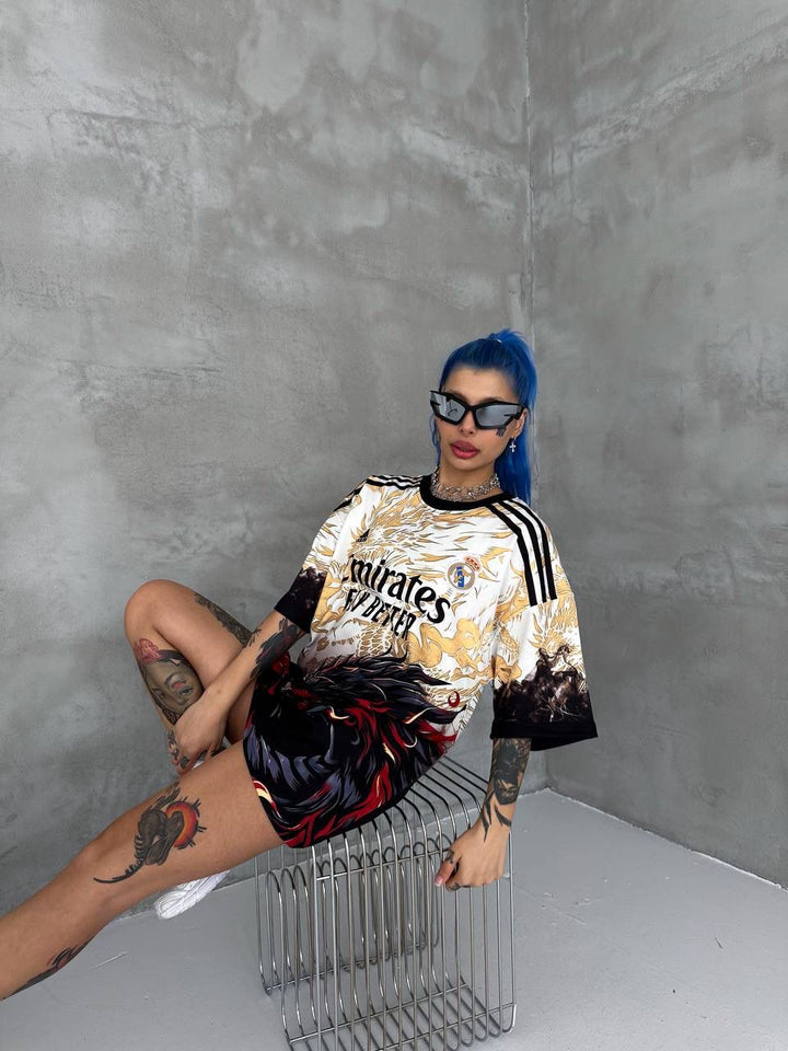RM-Inspired Dragon Graphic Oversized Jersey Tee – White/Gold