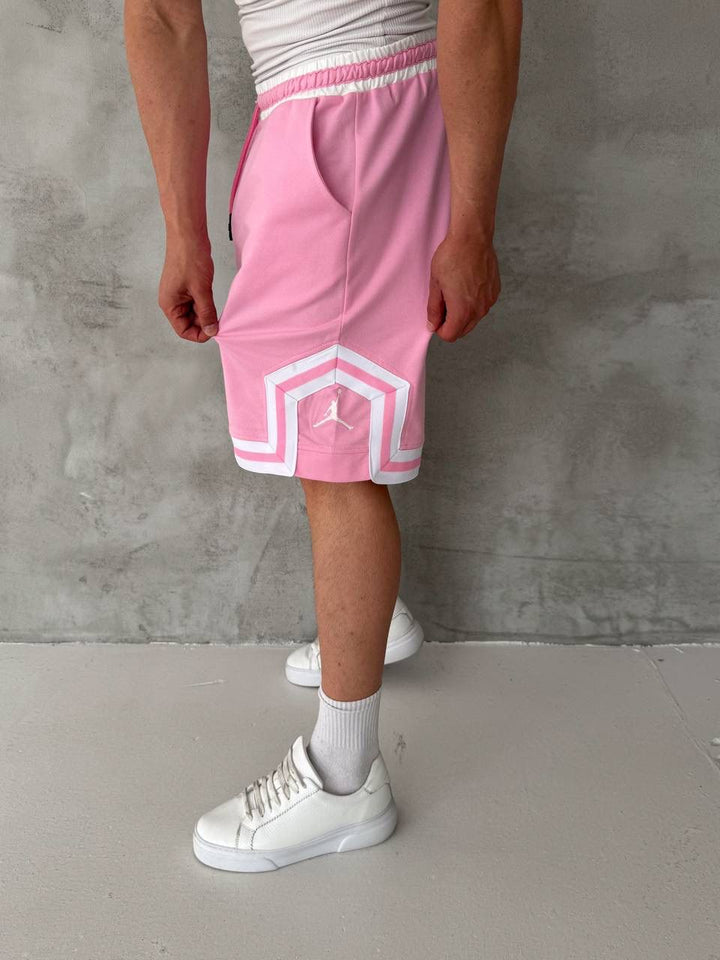 Pink Basketball Shorts – White Geometric Trim