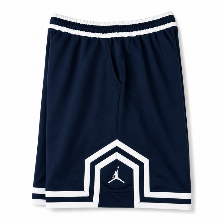 Navy Basketball Shorts – White Geometric Trim