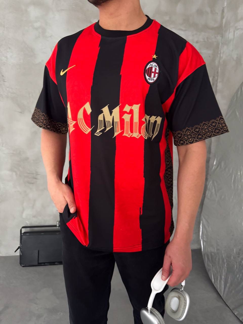 Milan Inspired 80 Oversized Striped Jersey Tee Red Black Gold