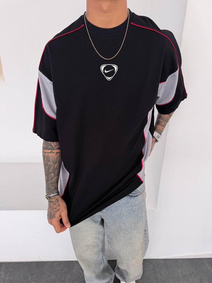 Men’s Oversized Black  T-Shirt with Grey Panels and Red Piping