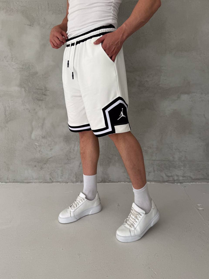 White Basketball Shorts – Black Geometric Trim