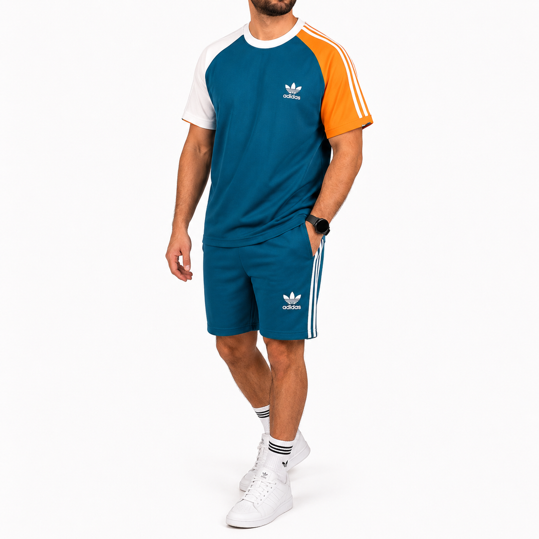 Men’s Colorblock Raglan T-Shirt &amp; Shorts Set – Teal/Orange/White