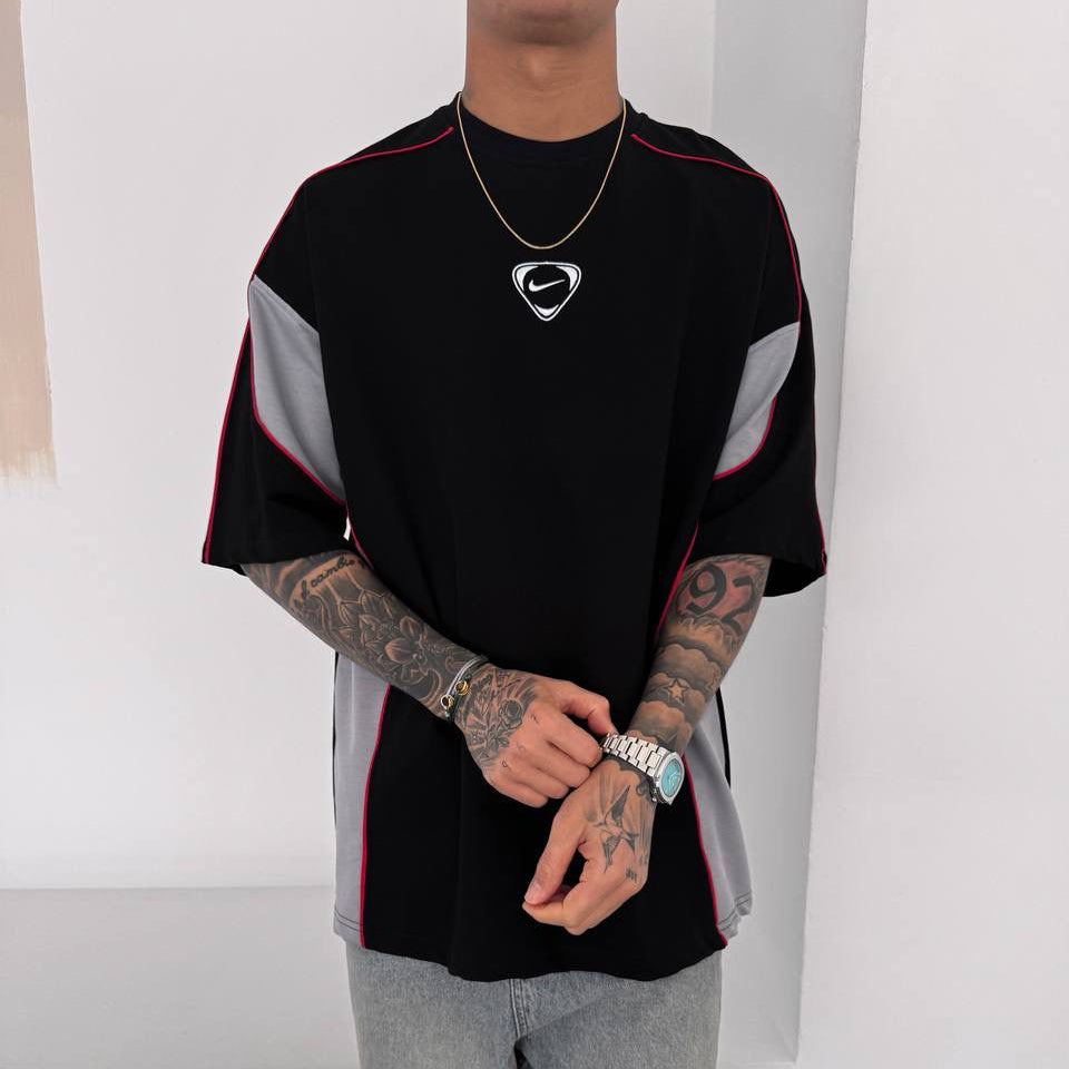 Men’s Oversized Black  T-Shirt with Grey Panels and Red Piping