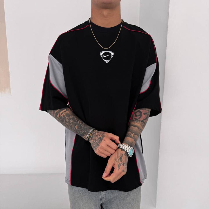 Men’s Oversized Black  T-Shirt with Grey Panels and Red Piping