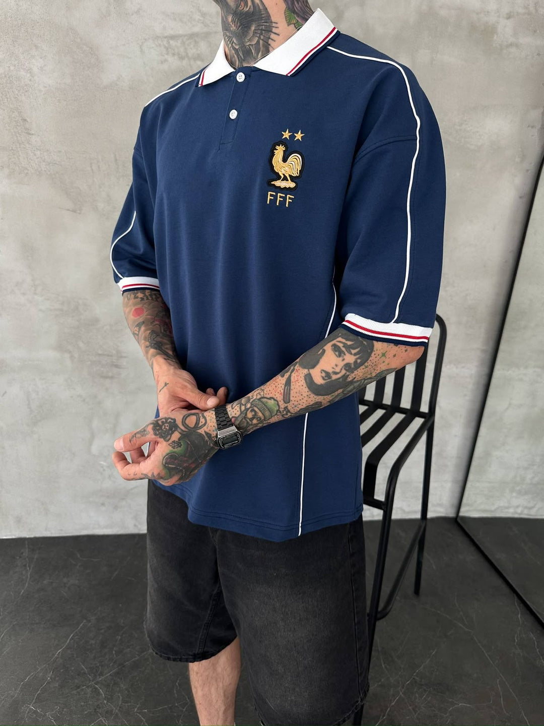 Men’s France-Inspired Retro Football Polo Shirt – Navy Blue