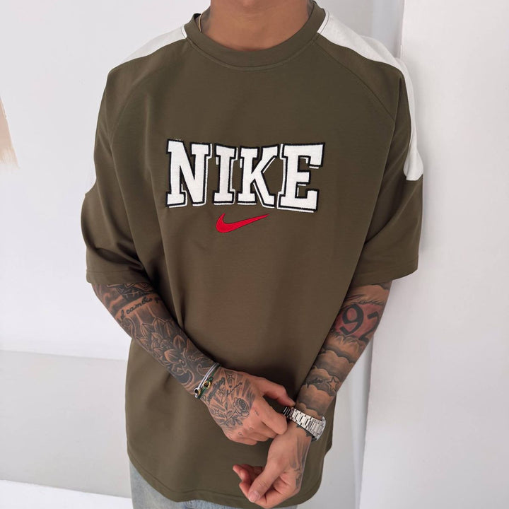 Men’s Oversized Olive Graphic T-Shirt with White Shoulder Panels