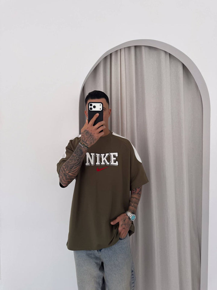 Men’s Oversized Olive Graphic T-Shirt with White Shoulder Panels