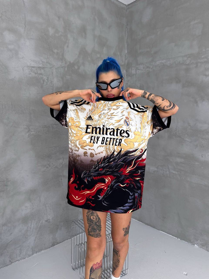 RM-Inspired Dragon Graphic Oversized Jersey Tee – White/Gold