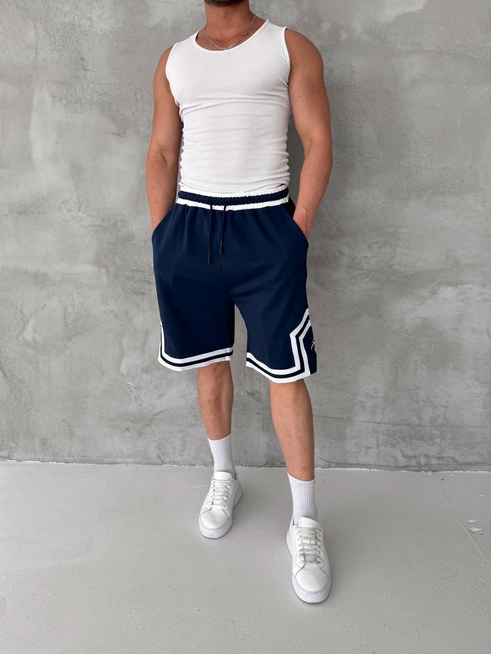 Navy Basketball Shorts – White Geometric Trim