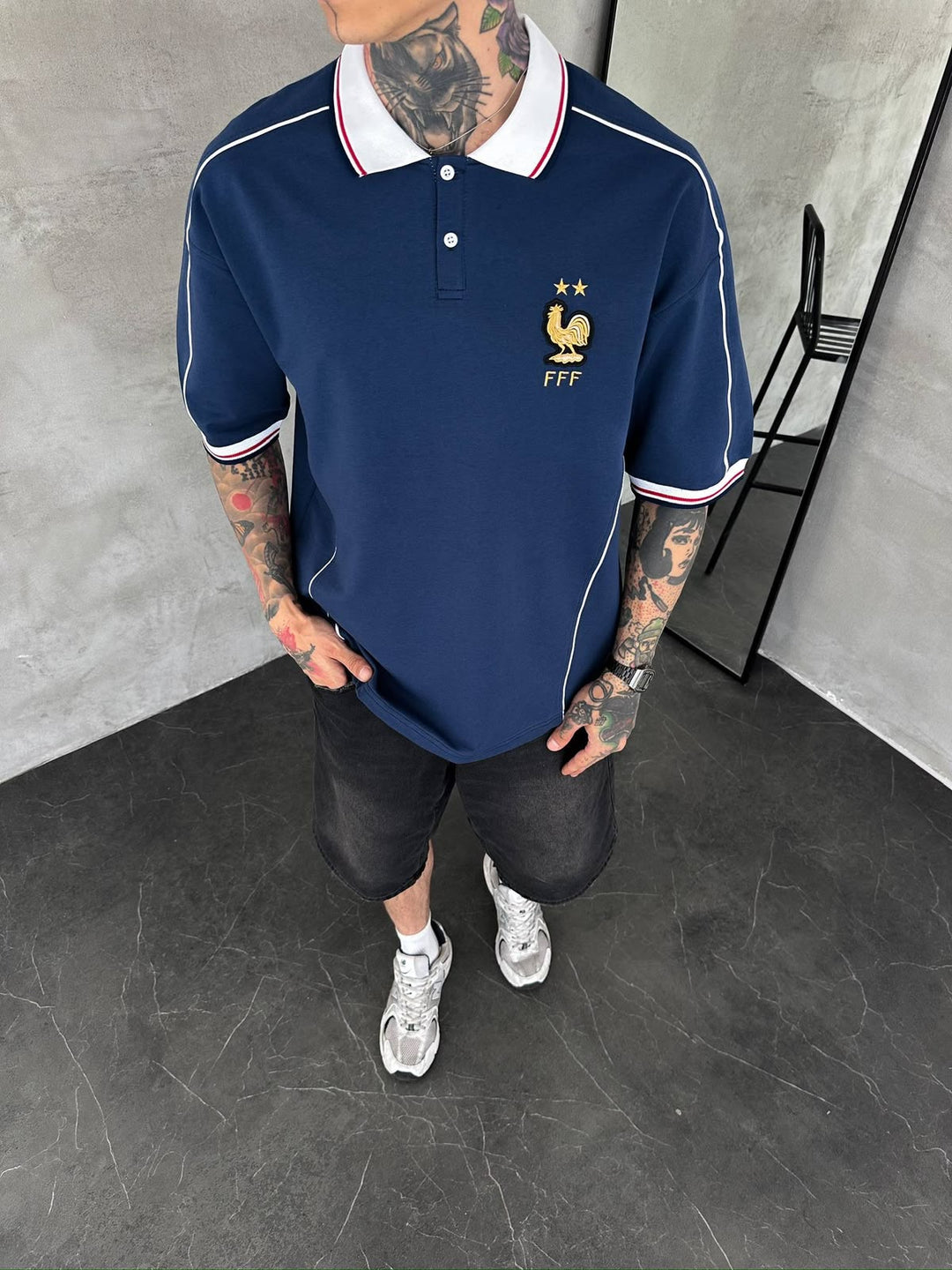 Men’s France-Inspired Retro Football Polo Shirt – Navy Blue