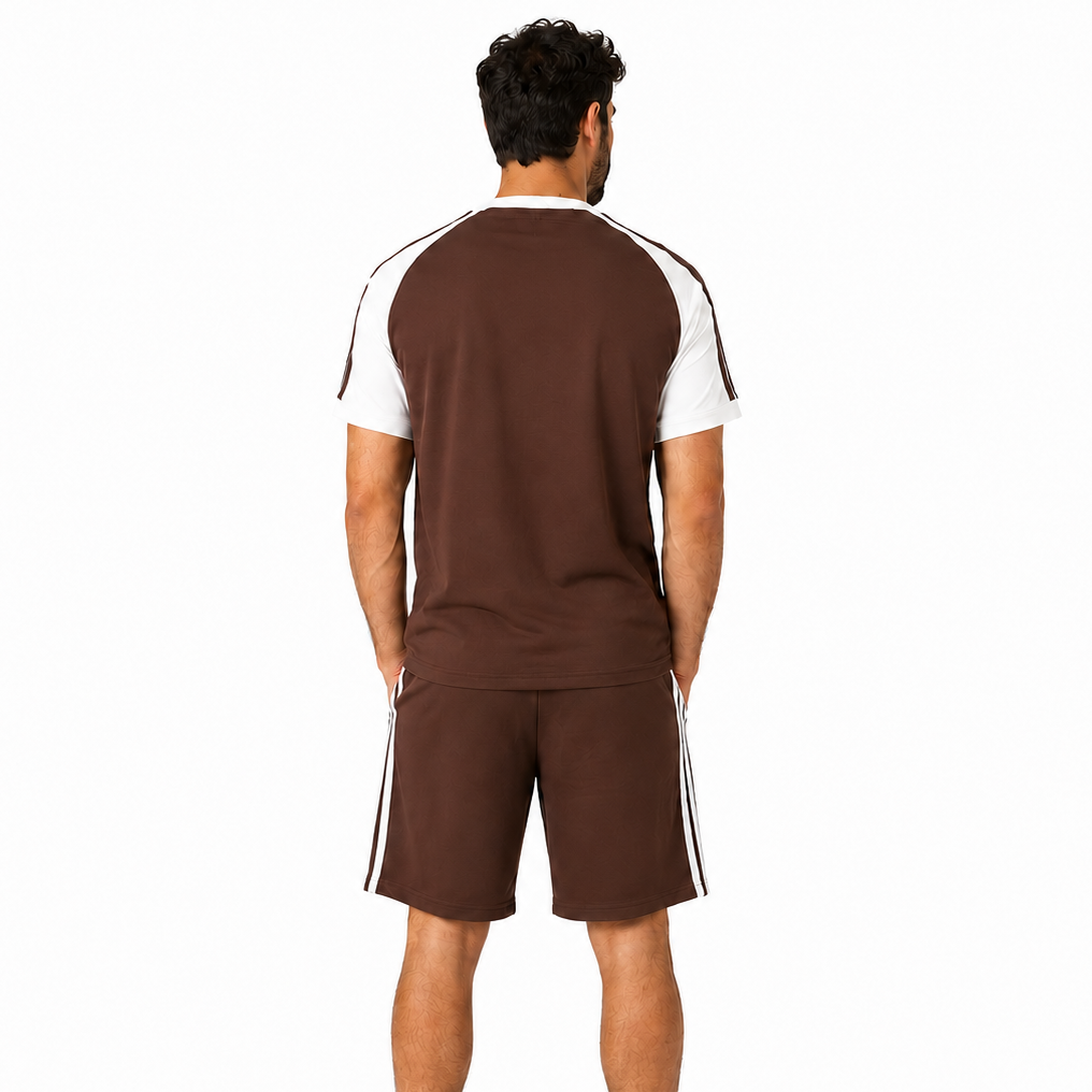 Men’s Raglan T-Shirt &amp; Shorts Set – Chocolate Brown/White