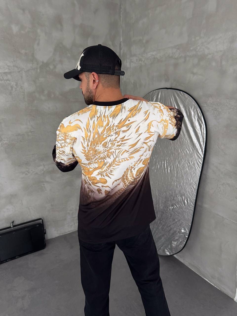 RM-Inspired Dragon Graphic Oversized Jersey Tee – White/Gold