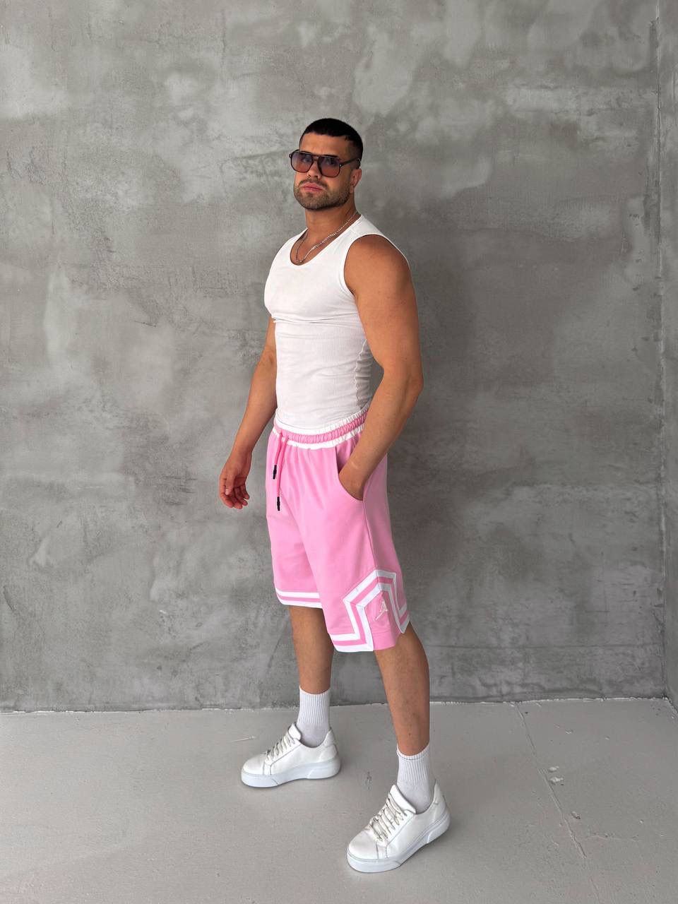 Pink Basketball Shorts – White Geometric Trim